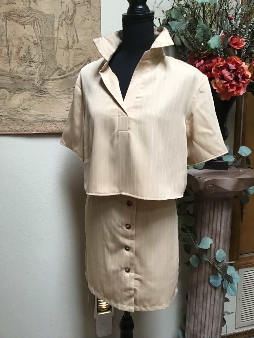 Cupshe Beige Pinstripe Cropped Collared Two-Piece Set